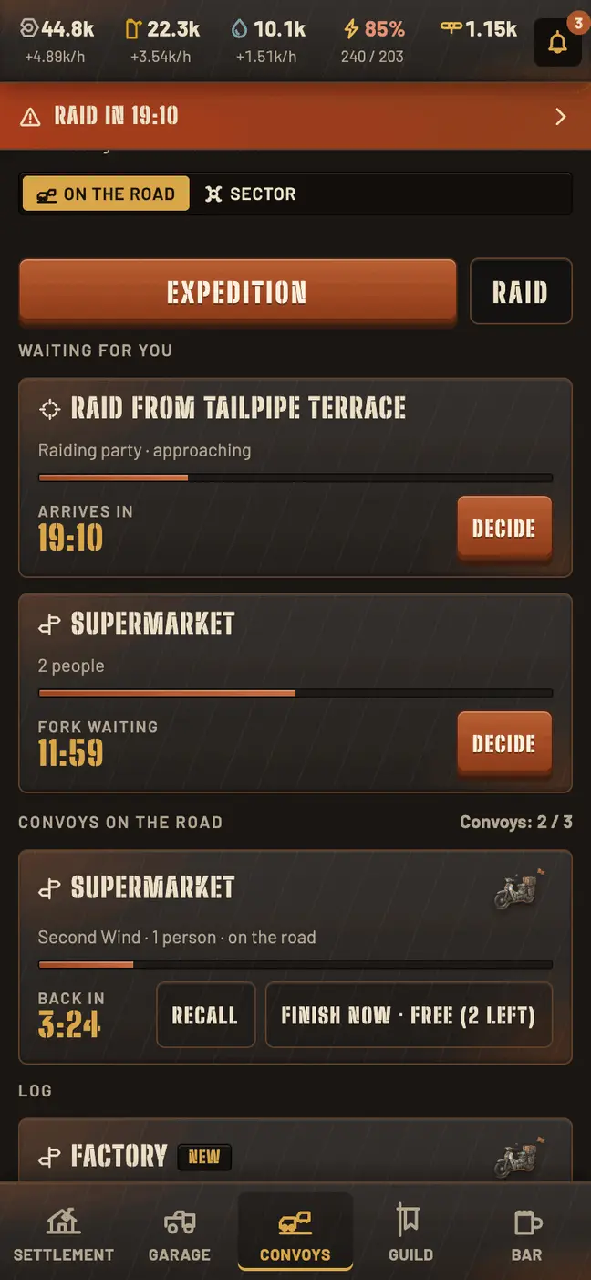 Wastelords settlement screen: convoys on the road to the supermarket with their timers and an incoming raid