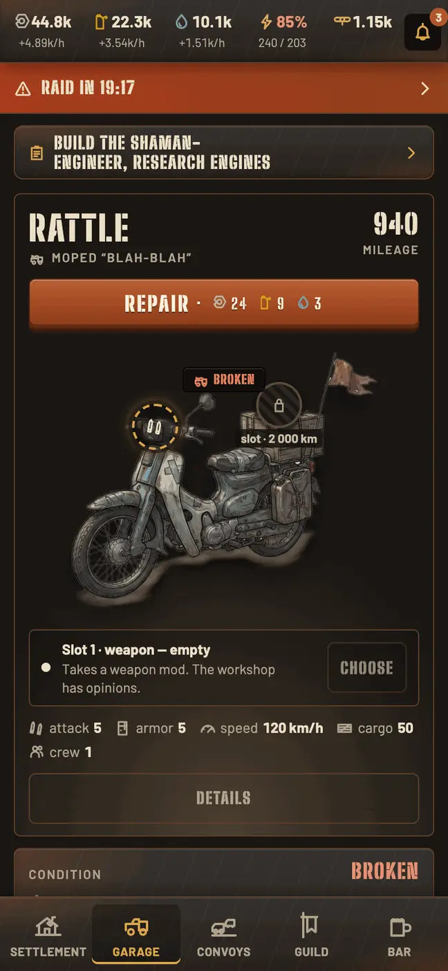 Wastelords settlement screen: the garage with a moped named Rattle, its mileage, stats and an empty mod slot