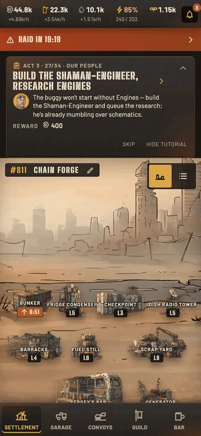 Wastelords settlement screen: the base with its buildings and their levels, the resource bar on top and a raid countdown